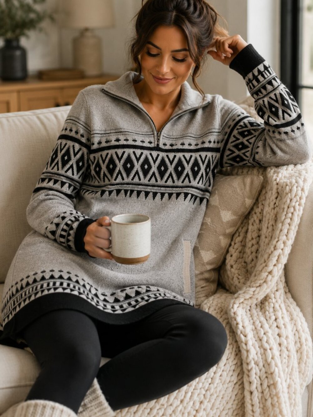 Cynthia Rowley Gray and Black Patterned Half-Zip Nordic Sweater Fair Isle
